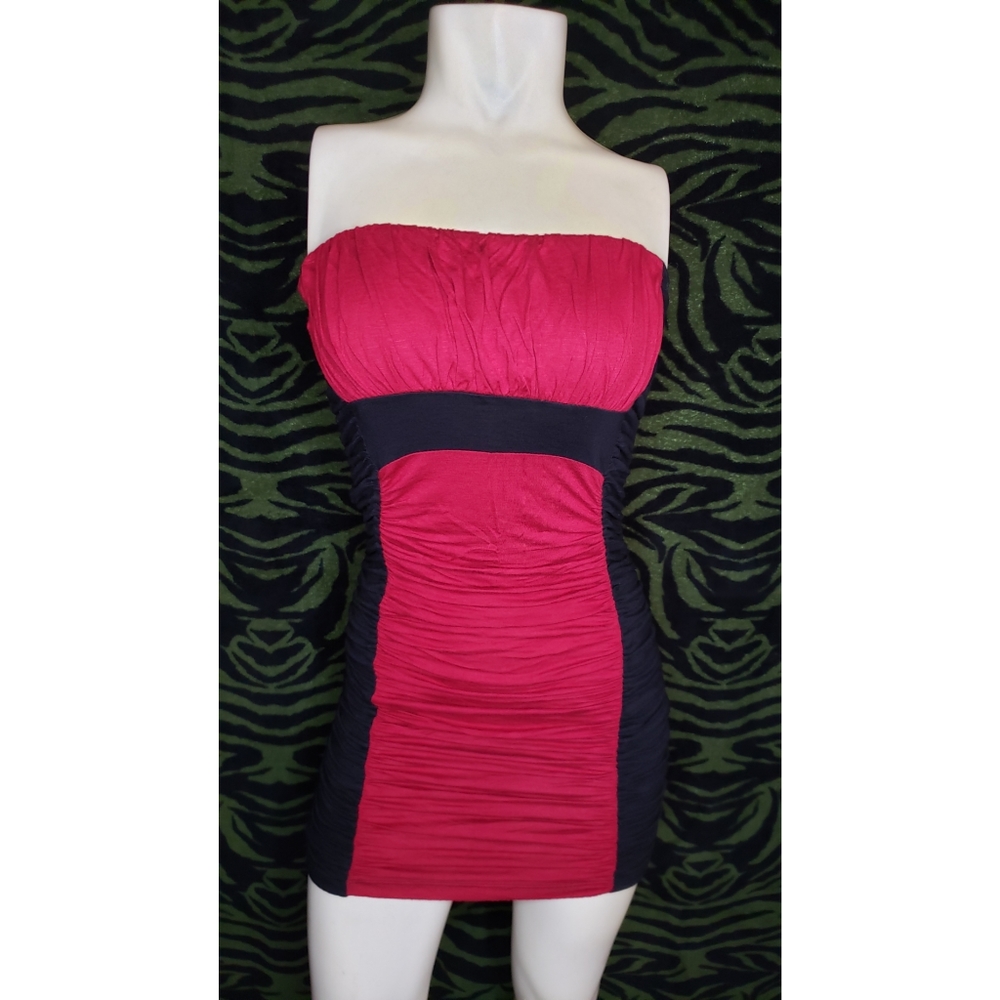 Strapless red & black scrunched bodycon mini dress